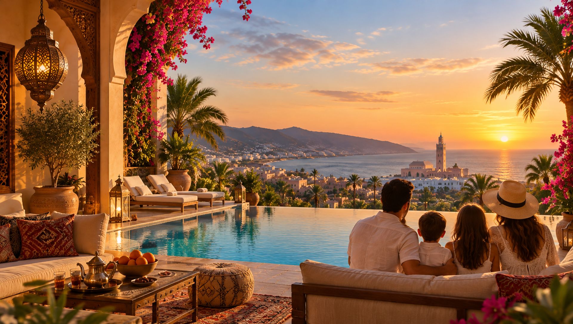 Famille en vacances sur une terrasse de riad marocain au coucher du soleil, piscine à débordement et vue mer