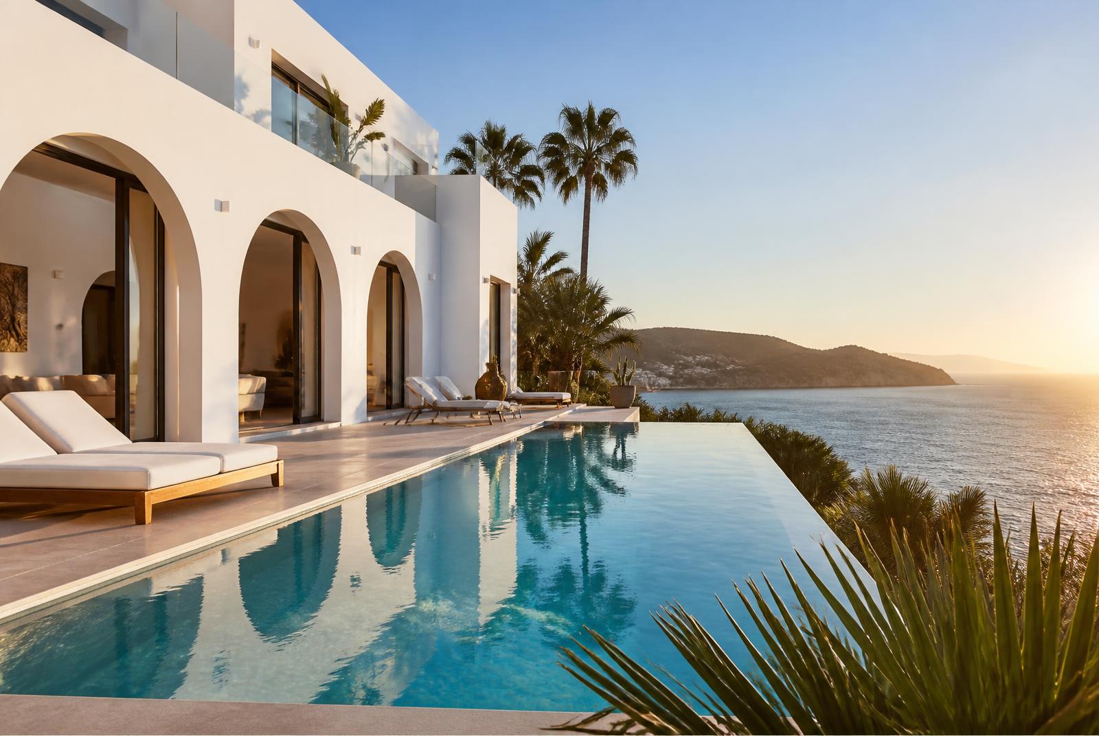 Villa de luxe au Maroc, architecture aux arcades, vue mer